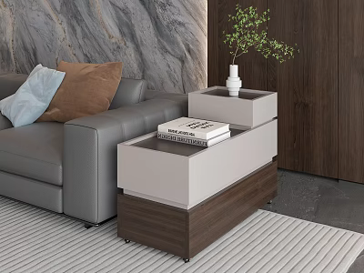 Modern Side Tables With White Top Wooden Base Next To Gray Sofa And Books Green Plant Vase 3d model
