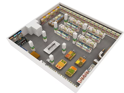 Aerial View Plan of Supermarket Layout With Shelves and Product Displays 3d model