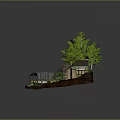 Cartoon Scenic Island With Small House Green Trees Stone Path And Blue Roof Pavilion
