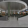 Modern Style Cafeteria With Circular Ceiling Green Columns Tables Chairs And Shops 3d model