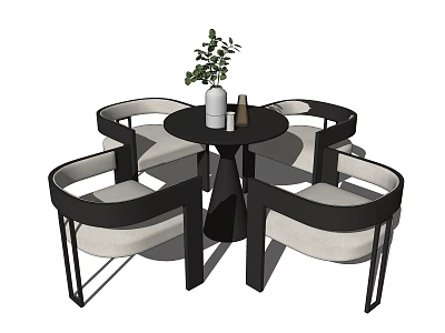 Stylish Round Table And Chair Set With Black Frame Light Seats And Green Plant Vase 3d model