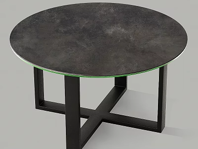 Round Dining Table with Dark Gray Textured Tabletop Green Trim Edge and Black Cross Legs 3d model