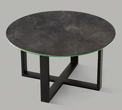 Round Dining Table with Dark Gray Textured Tabletop Green Trim Edge and Black Cross Legs 3d model