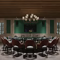 Modern Clubhouse Interior With Wooden Ceiling Green Plants Billiard Table Sofa And Dining Chairs