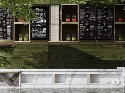 Stylish Modern Bar Counter With Black Menu Boards Green Plants And Marble Top 3d model