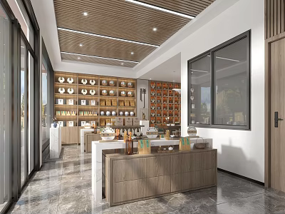 Modern Elegant Specialty Store Interior With Wooden Shelves Product Displays And Bright Lighting 3d model