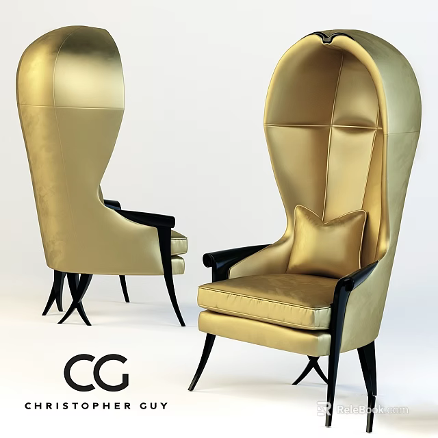 Luxurious Golden Velvet Accent Chair With High Back Design Black Legs And Decorative Pillow 3d model 