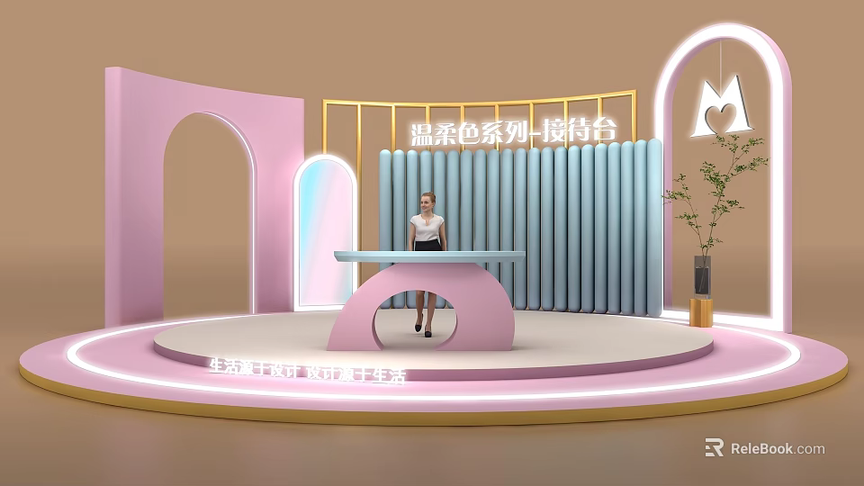 Soft Color Series Reception Area With Curved Desk And Modern Backdrop Design 3d model 