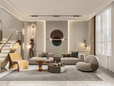 Luxurious Modern Living Dining Room With Beige Sofa Round Coffee Table And Floor Lamp 3d model