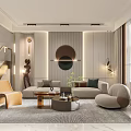 Luxurious Modern Living Dining Room With Beige Sofa Round Coffee Table And Floor Lamp