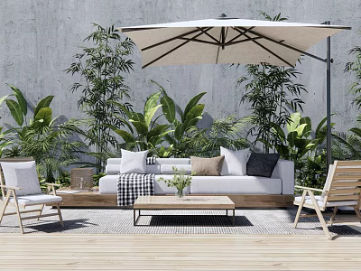 Outdoor Sofa on Wooden Deck With Large Parasol Lush Green Plants and Coffee Table 3d model