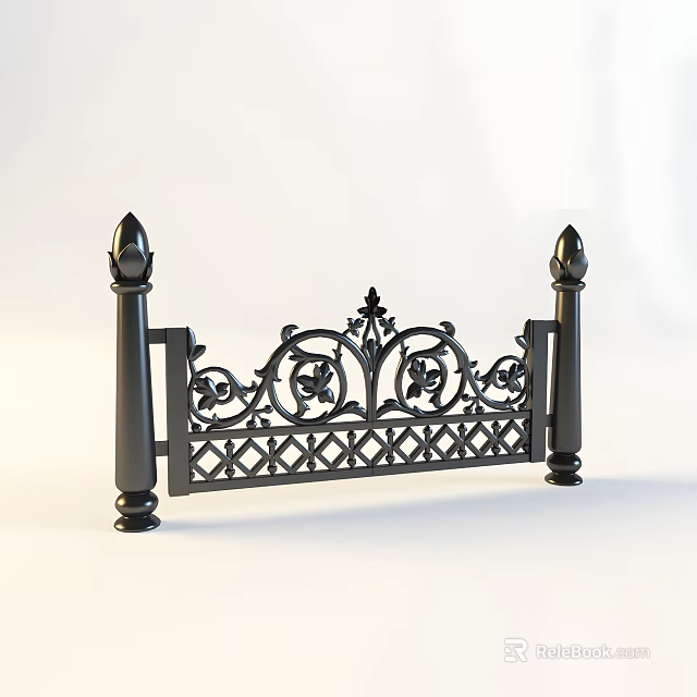 Ornate Black Iron Railing With Intricate Scrollwork Lattice Panels And Decorative Posts 3d model 