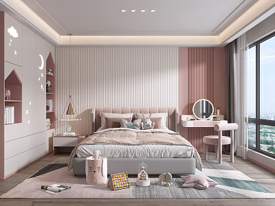 Cozy Kids Room Interior With Striped Walls Pastel Tones Bed And Playful Decor 3d model