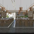 Traditional Chinese Restaurant Interior With Bamboo Partitions Lantern Lights Wooden Tables And Green Plants