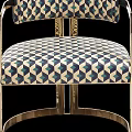 Leisure Chair With Black And White Checkered Upholstery And Gold Frame In Tropical Floral Wallpaper