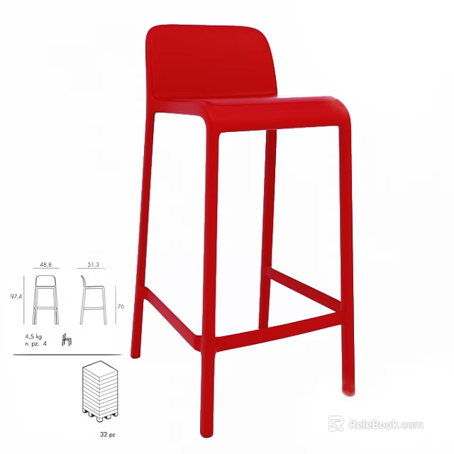 Red Modern Bar Stool With High Back Sleek Design For Kitchen Counter Use 3d model