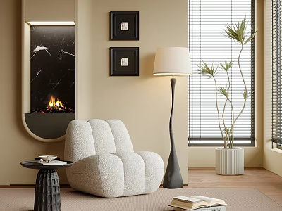 Plush Bouclé Lounge Chair With Floor Lamp Side Table Fireplace And Potted Plant 3d model