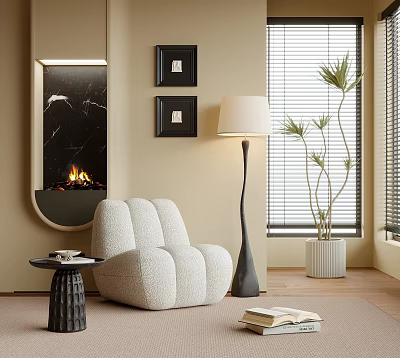 Plush Bouclé Lounge Chair With Floor Lamp Side Table Fireplace And Potted Plant 3d model