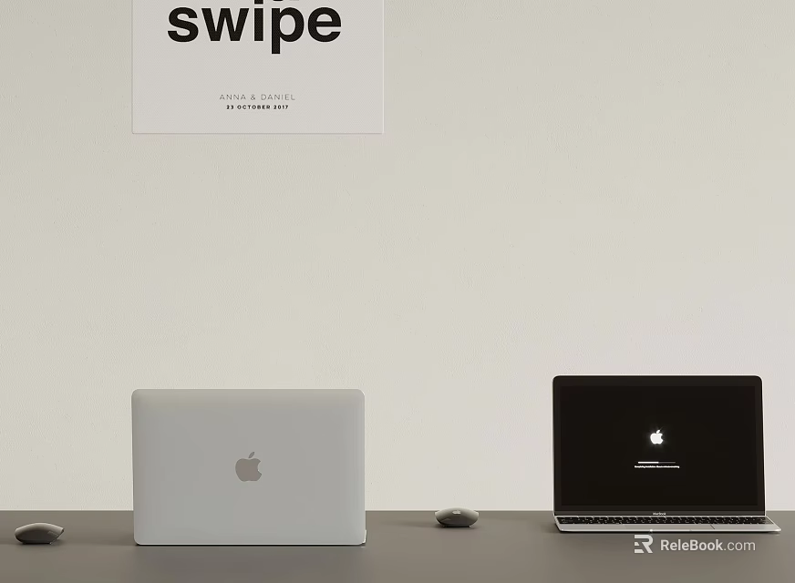 Black and White Apple Laptops with Mouse and Swipe Poster 3d model
