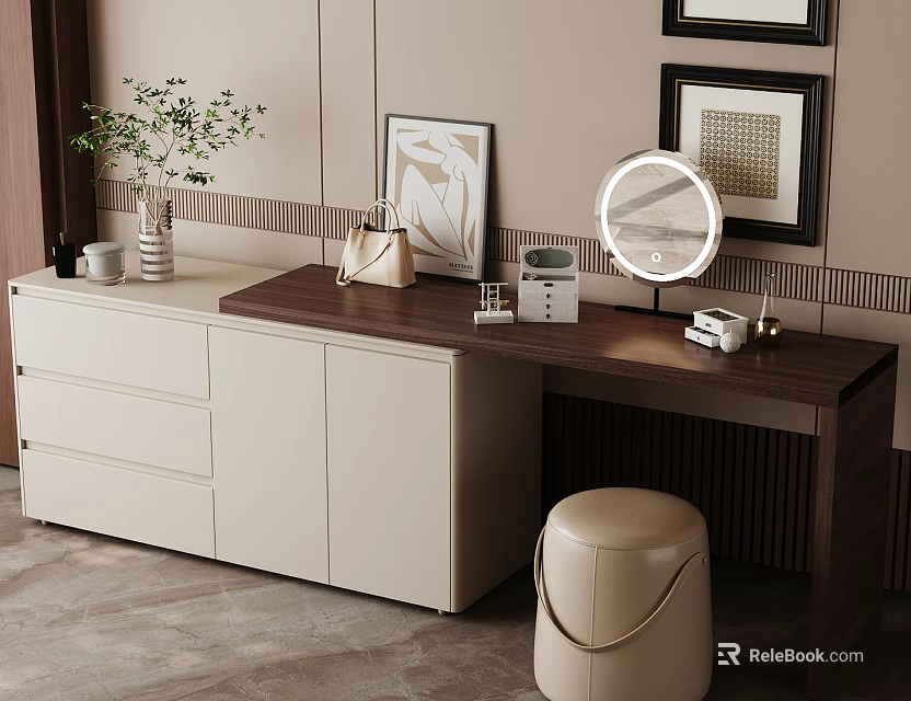 Modern Dressing Table With Wooden Top Round LED Mirror Beige Stool And Wall Art 3d model 