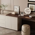 Modern Dressing Table With Wooden Top Round LED Mirror Beige Stool And Wall Art
