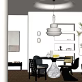 Modern Restaurant Interior With White Pendant Light Marble Dining Table Grey Chairs And Wall Shelves