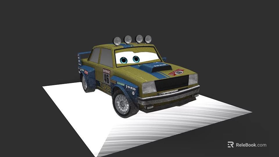 Cartoon Style Green Yellow Race Car With Big Eyes And Roof Lights 3d model 