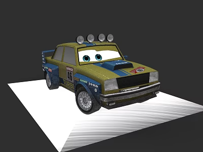 Cartoon Style Green Yellow Race Car With Big Eyes And Roof Lights 3d model