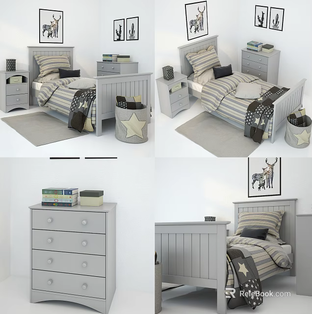 Kids Bed with Striped Bedding Matching Nightstand Dresser Soft Rug and Decorative Painting 3d model 