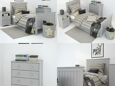 Kids Bed with Striped Bedding Matching Nightstand Dresser Soft Rug and Decorative Painting 3d model