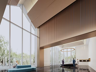 Modern Sales Office Interior With Large Windows Curved Ceiling And Wooden Panels 3d model