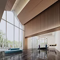 Modern Sales Office Interior With Large Windows Curved Ceiling And Wooden Panels