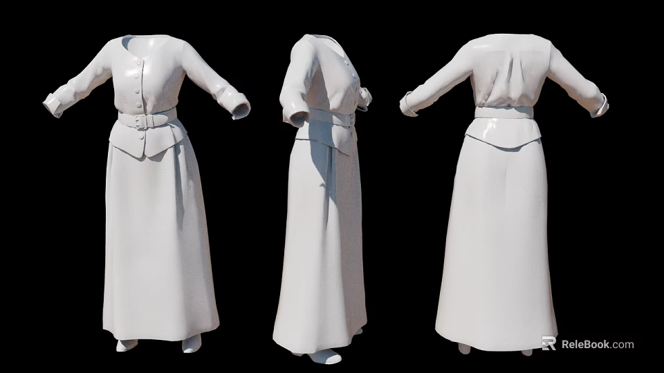 Woman Wearing White Dress Displayed In Three Angles Front Side Back Views 3d model 