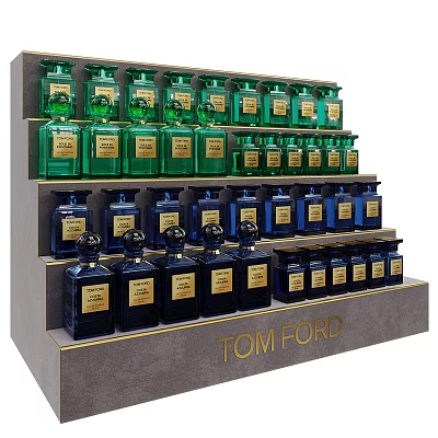 Elegant Tom Ford Perfumes Display Shelf With Green And Blue Bottles Neatly Arranged 3d model