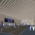 Modern Indoor Basketball Court With Players Practicing And Large Digital Scoreboard
