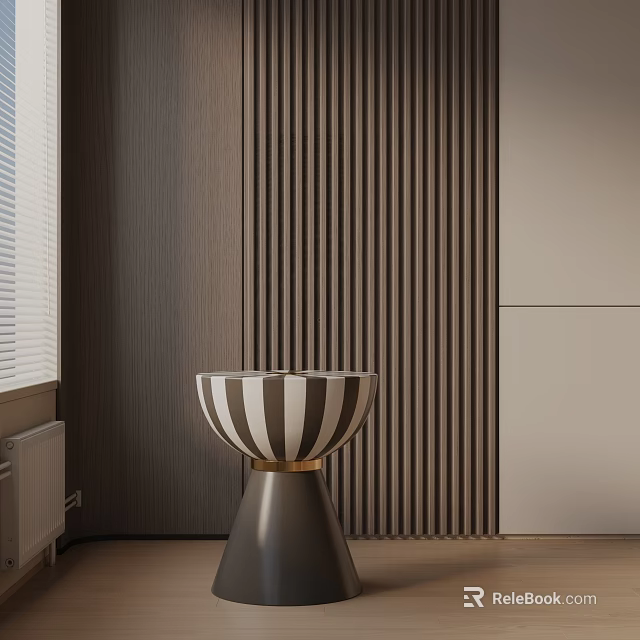 Modern Side Table with Striped Tabletop and Gold Metal Base Against Wooden Texture Wall 3d model 
