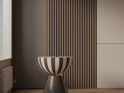 Modern Side Table with Striped Tabletop and Gold Metal Base Against Wooden Texture Wall 3d model