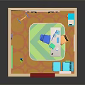 Cartoon Room Interior Design With Blue Walls Red Door Whiteboard And Chairs