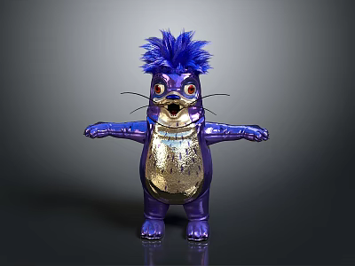 Playful Game And Movie Character With Purple Body Blue Feather Hair Golden Belly Open Arms 3d model