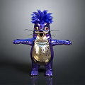 Playful Game And Movie Character With Purple Body Blue Feather Hair Golden Belly Open Arms