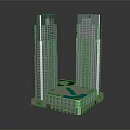Twin Modern Skyscrapers With Base Building Central Green Area And Swimming Pool Exterior Design