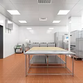 Commercial Kitchen Interior With Stainless Steel Worktables Tile Floor And Ventilation System