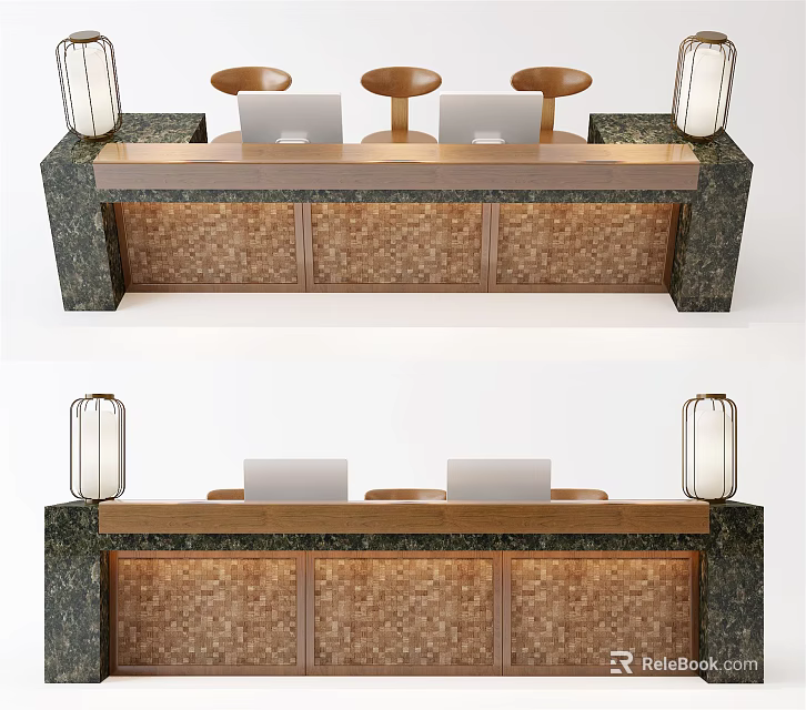 Modern Reception Desk With Stone Counter Lantern Lights Laptops And Round Stools 3d model