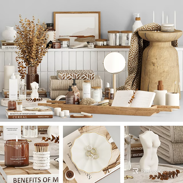 Modern Stylish Decorative Ornament Set with Vase Candle Books Wooden Tray for Home Decor 3d model 
