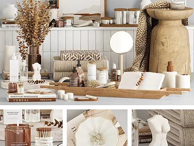 Modern Stylish Decorative Ornament Set with Vase Candle Books Wooden Tray for Home Decor 3d model