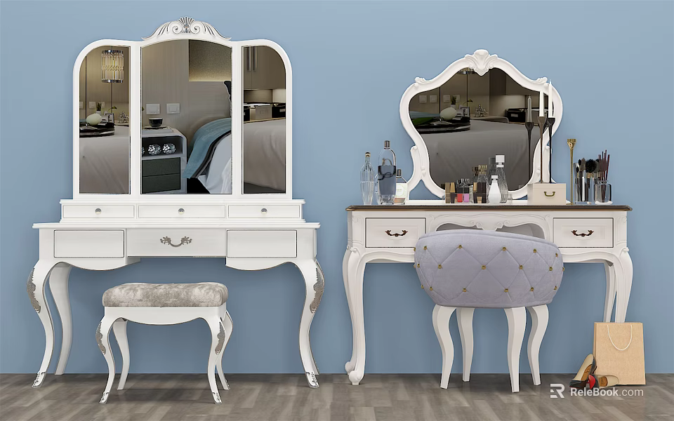 Elegant White Dressing Tables With Mirrors Stools And Decorative Items On Blue Wall 3d model