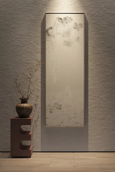 Interior Decor With Brown Vase On Pedestal And Large Textured Wall Mirror 3d model