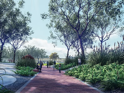 Scenic Park Landscape with Red Brick Pathway Lush Trees and People Walking 3d model