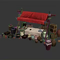 Traditional Market Stall With Red Canopy Wooden Crates Clay Pots And Oranges