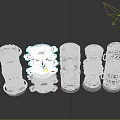 Six Black Cylindrical Mechanical Components With Different Structural And Decorative Features